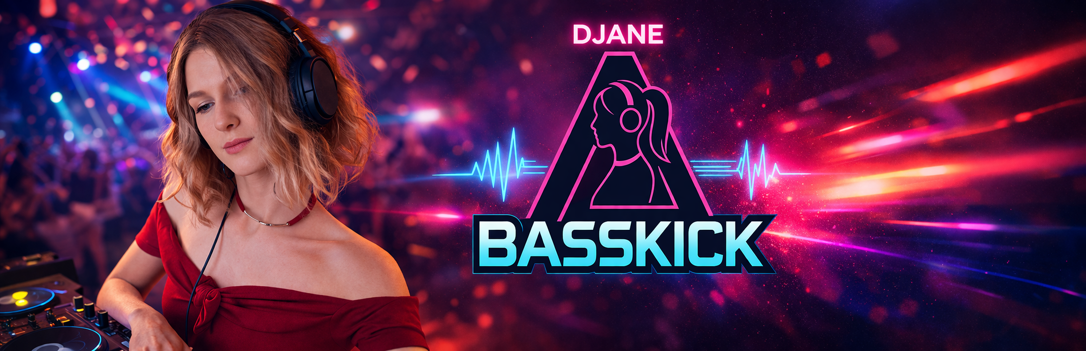 DJane Basskick Header mit DJane, Logo und Neon-Lichtshow